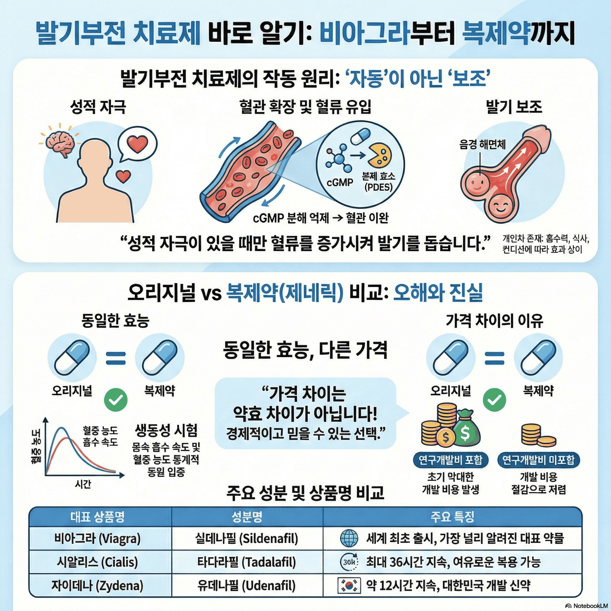 발기부전 치료제와 복제약(제네릭) 비교, 효과와 차이 설명.