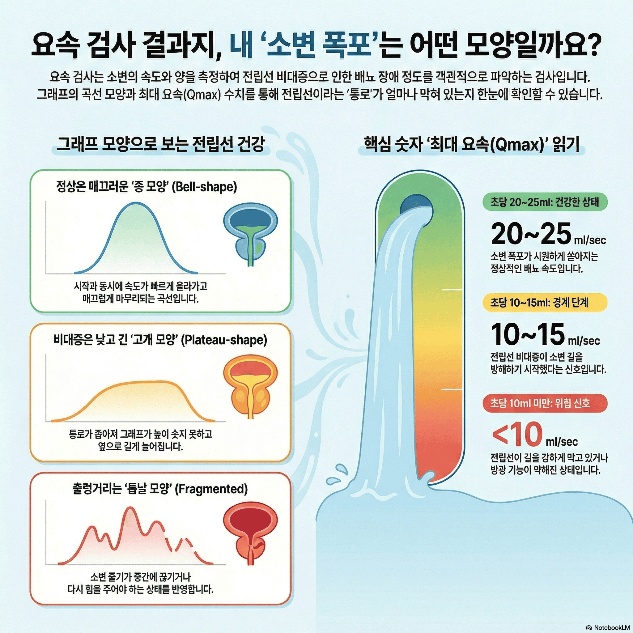 요속 검사 그래프로 비대증 정도를 평가하는 방법과 결과 해석.